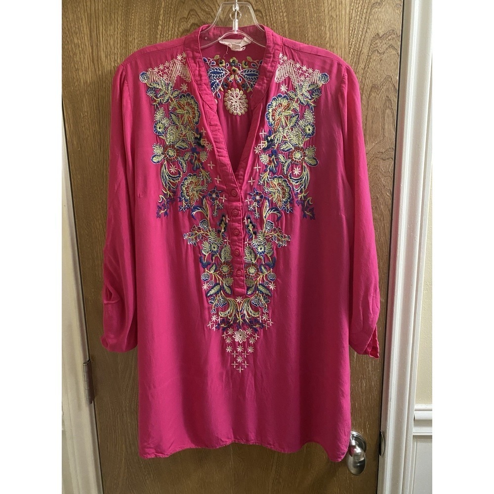 Luna Moon Hot Pink Boho Tunic Floral Embroidered Blouse Half Button Light Size L